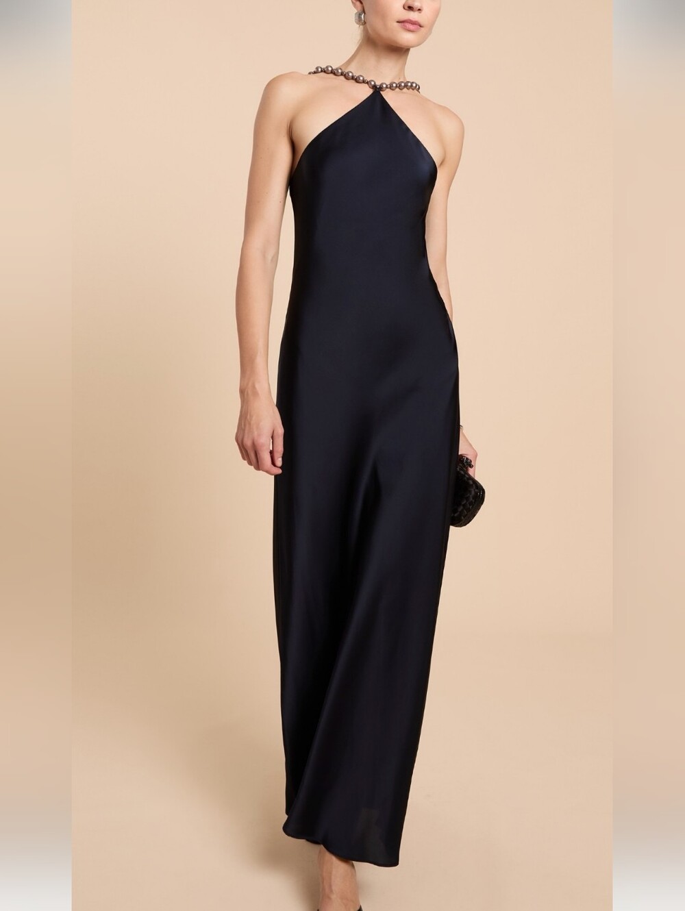 O.P.T. Brand women’s Satin dark navy Gown With Beaded Neckline size 10 NWTS